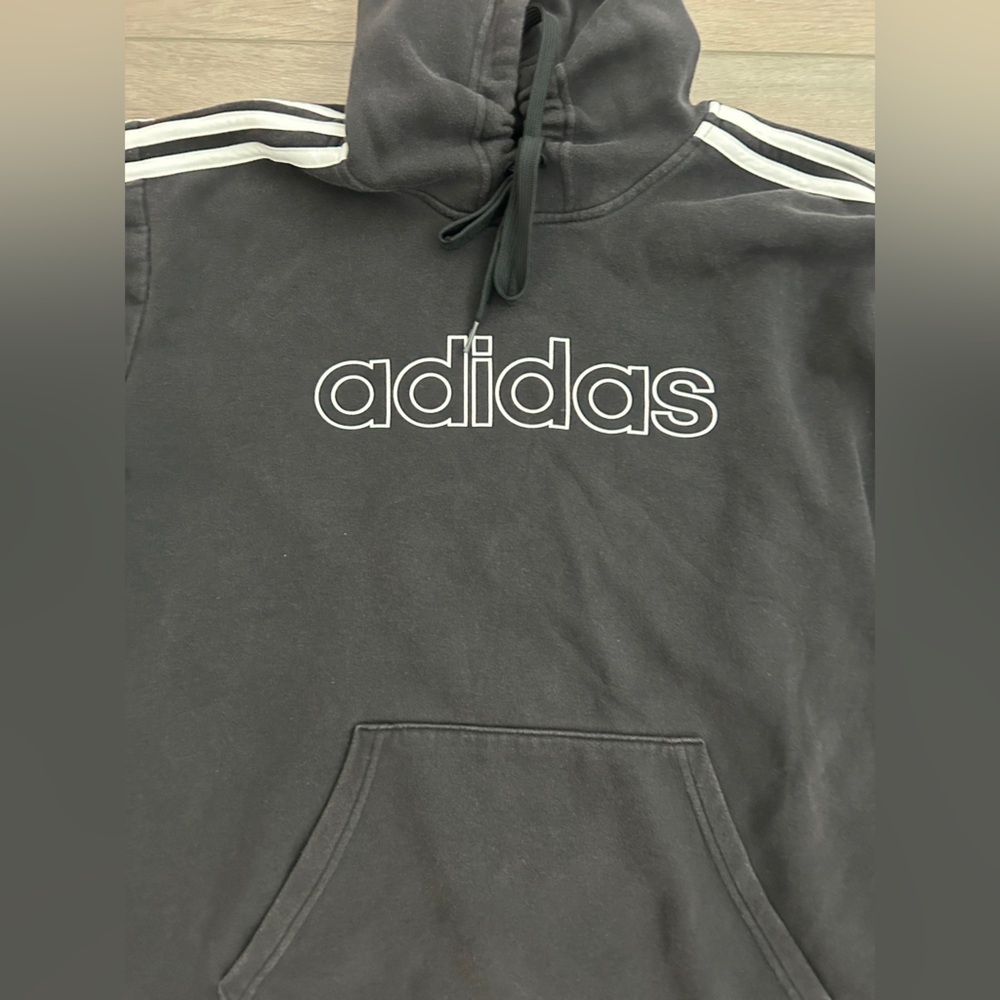 Adidas Black Hoodie, bleach stain on back as pictured, Women’s Size Medium